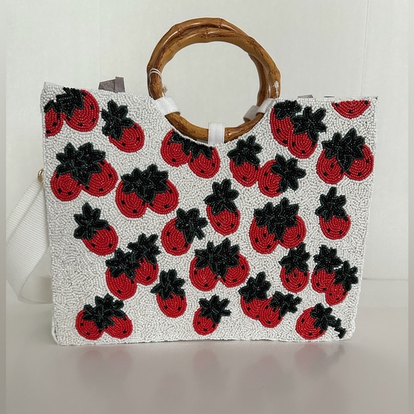 NWT Sol + Mer Strawberry Beaded Viral Purse Handbag w Bamboo Handles White Strap - Picture 3 of 15